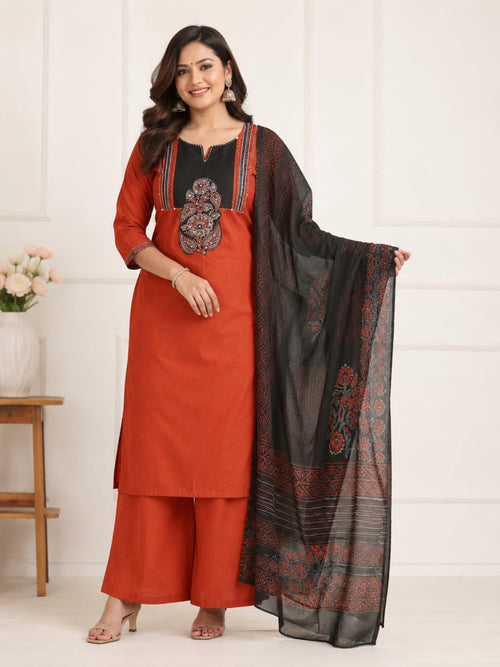 Premium Rust Orange A-Line Kurti Set