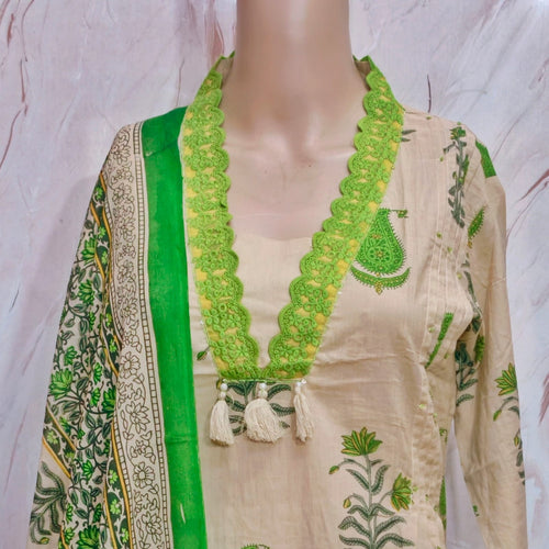 Premium 60's Cotton Green Print A-Line Kurti Set