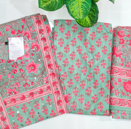 💚 Sage Green 60's Pure Cotton 3-Piece Kurti Set 💚