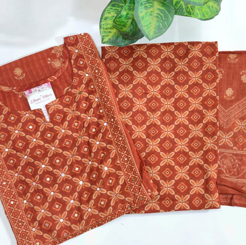🤎 Rust Brown 60's Pure Cotton 3-Piece Kurti Set 🤎