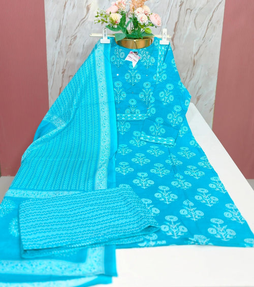 Sky Blue 60's Cotton 3-Piece Kurti Set
