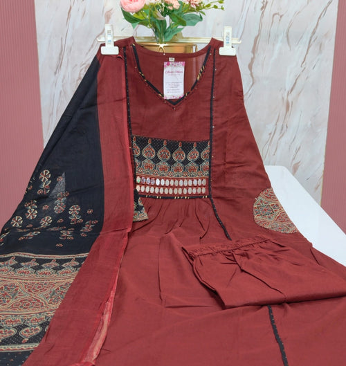 Premium Maroon 60s Cotton A-Line Kurti Set
