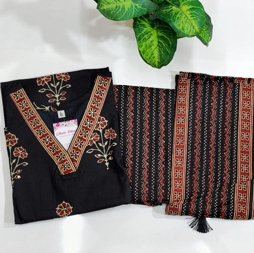 Premium Black Color 60s Cotton Straight Kurti Set