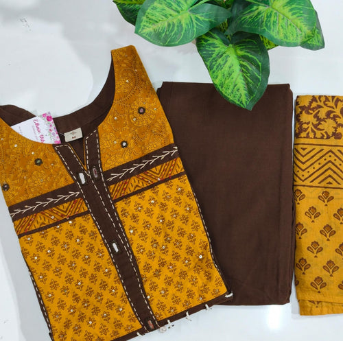 🤎 Premium Dhabu Cotton 3-Piece Kurti Set – Coffee Brown & Mustard Yellow