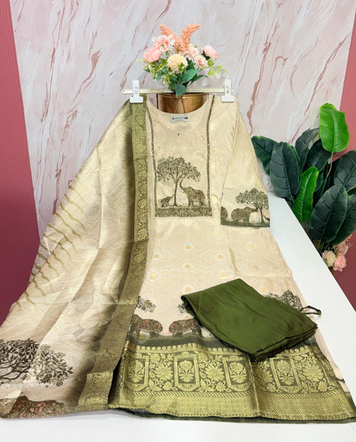 Fancy 3 Piece Jacquard Straight Cut Salwar Set with Banarasi Weave Dupatta – Cream & Olive Green