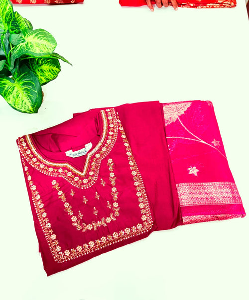 Fancy 3 Piece Roman Silk Straight Cut Salwar Set with Banarasi Dupatta – Rani Pink