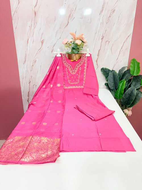 Fancy 3 Piece Roman Silk Straight Cut Salwar Set with Banarasi Dupatta – Hot Pink