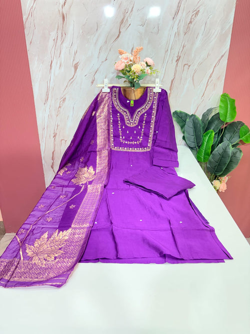 Fancy 3 Piece Roman Silk Straight Cut Salwar Set with Banarasi Dupatta – Royal Purple