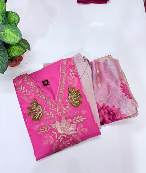 Fancy 3 Piece Glass Fabric Straight Cut Salwar Set with Organza Dupatta – Pink