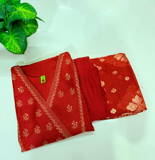 Rust Orange Handloom Straight Cut Suit Set with Banarasi Weave Dupatta