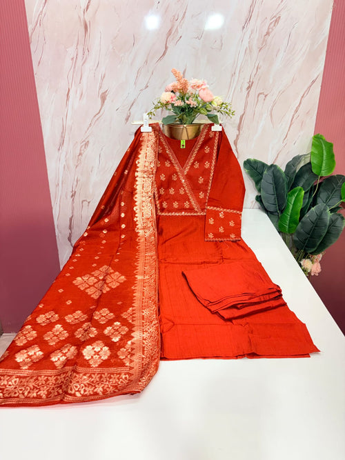 Rust Orange Handloom Straight Cut Suit Set with Banarasi Weave Dupatta
