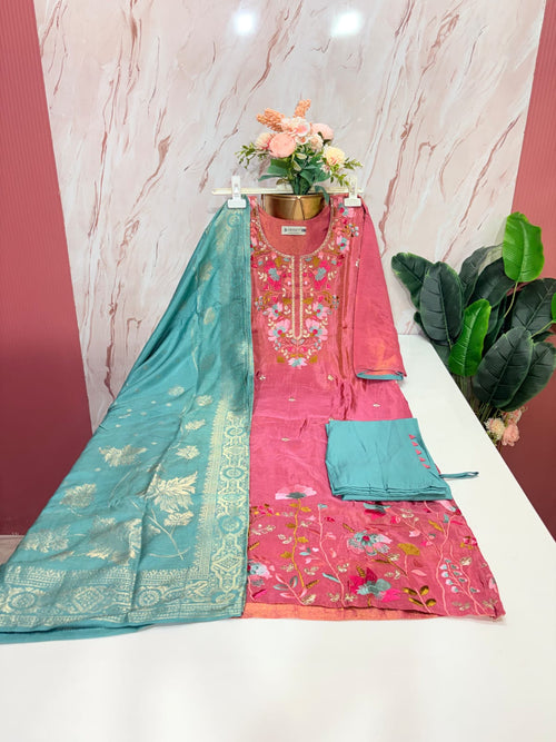 Dusty Pink Tissue Shimmer Straight Cut Suit Set with Banarasi Weave Dupatta