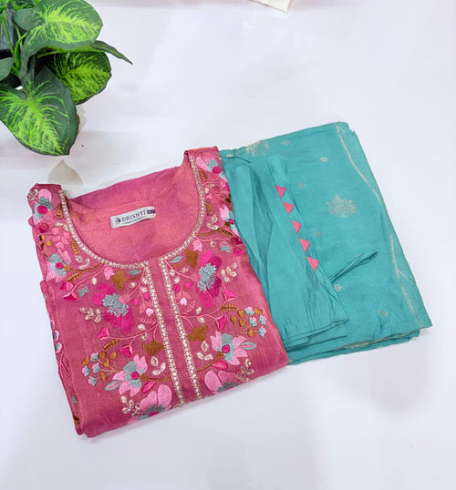 Dusty Pink Tissue Shimmer Straight Cut Suit Set with Banarasi Weave Dupatta