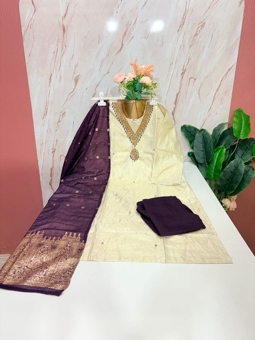 Ivory Tissue Shimmer Straight Cut Suit Set with Banarasi Weave Dupatta