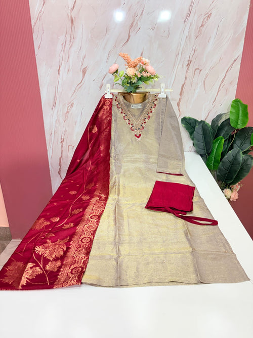 Champagne Gold Tissue Shimmer Straight Cut Suit Set with Banarasi Dupatta
