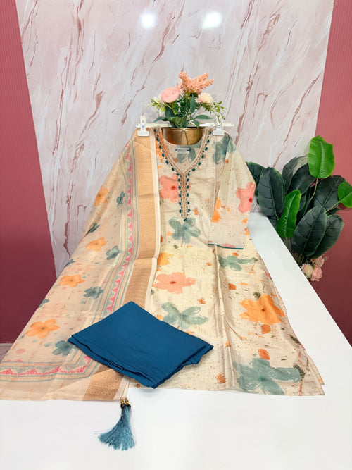 Cream Floral Tissue Shimmer Straight Cut Suit Set with Organza Dupatta