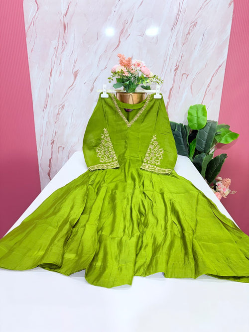 Olive Green Mul Chanderi Anarkali Dress