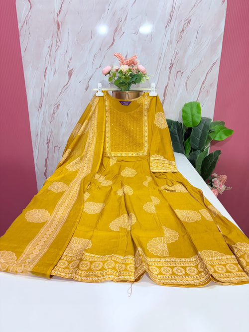 Mustard Yellow Rayon Single Umbrella Kurti with Dupatta