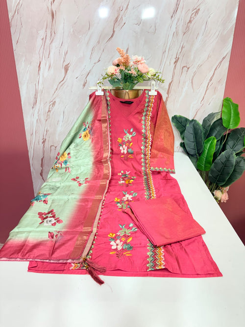 Fancy 3 Piece Straight Cut Embroidered Salwar Set with Dupatta