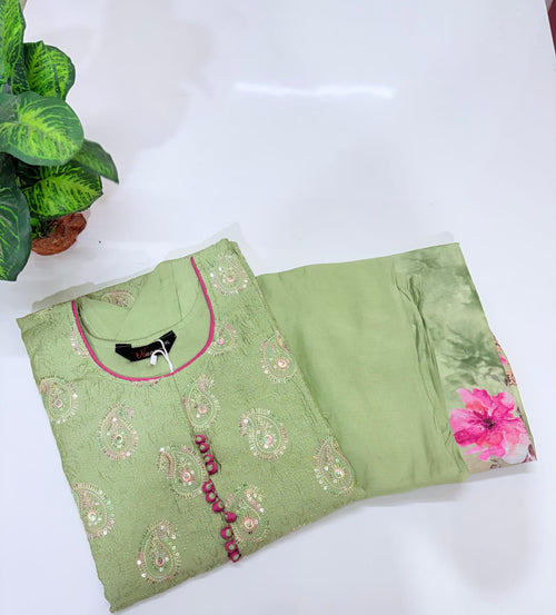 Fancy 3 Piece Roman Silk Straight Cut Salwar Set with Heavy Embroidery – Pistachio Green
