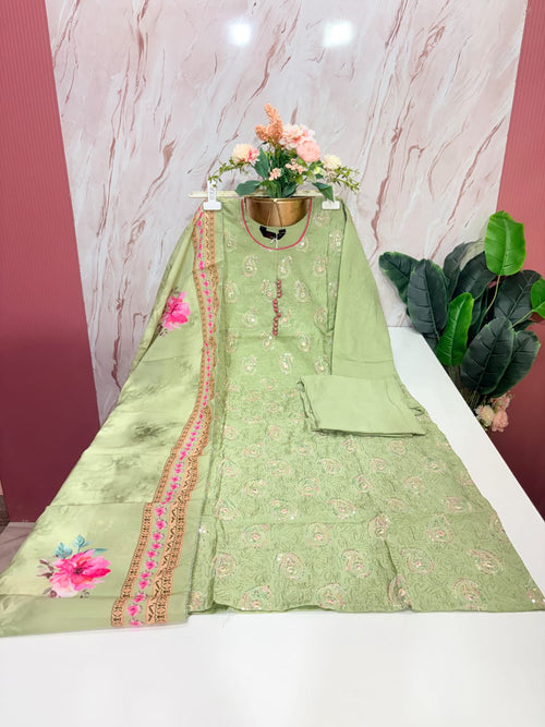 Fancy 3 Piece Roman Silk Straight Cut Salwar Set with Heavy Embroidery – Pistachio Green