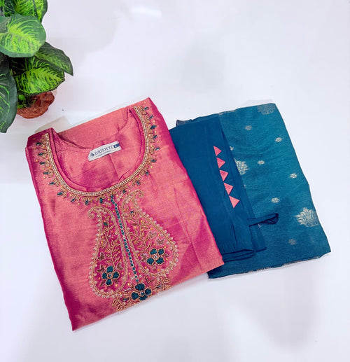 Peach Tissue Shimmer Straight Cut Suit Set with Banarasi Weave Dupatta