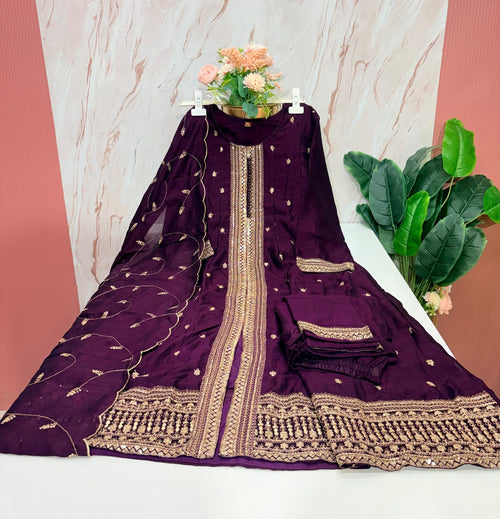 Royal Purple A-Line Embroidered Suit Set with Scallop Dupatta