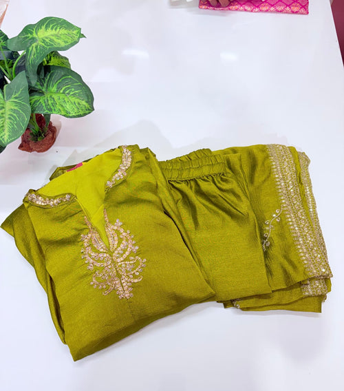 Olive Green Vichitra Silk Straight Cut Suit Set with Embroidered Dupatta