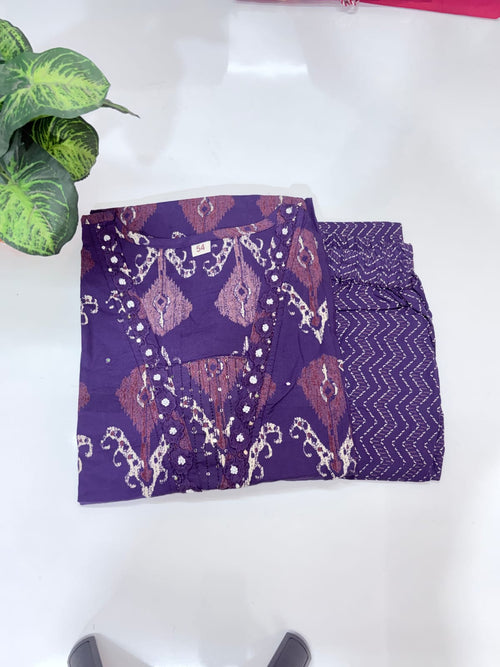 Plus Size Cotton Straight Cut Co-ord Set | V-Neck Lace Work Kurti & Straight Pant | Purple