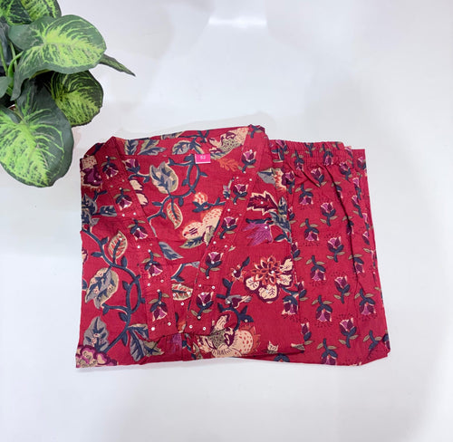 Plus Size Cotton A-Line Co-ord Set | Floral Print Top & Straight Pant | Red