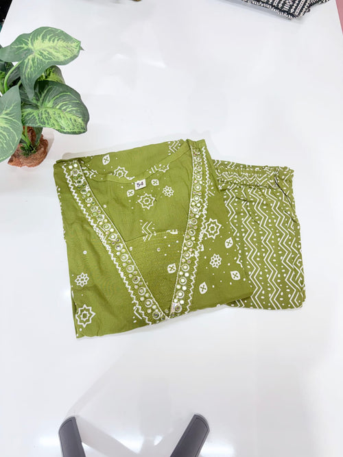 Plus Size Rayon Straight Cut Co-ord Set | V-Neck Lace Work Kurti & Straight Pant | Olive Green