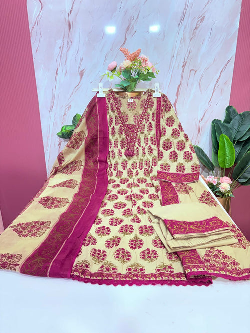 Plus Size Cotton Umbrella A-Line Kurta Set | Pintuck Kurti with Dupatta & Palazzo Pants