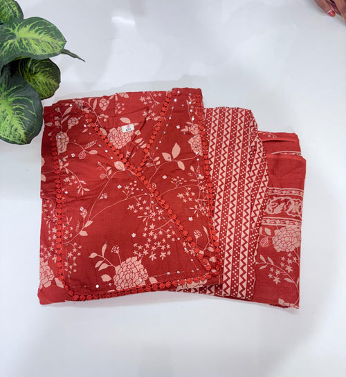 Plus Size Cotton Umbrella Kurta Set | 3-Piece Floral Printed Kurti with Dupatta & Straight Pant | Brick Red