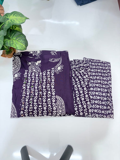 Plus Size Rayon Umbrella Kurta Set | 3-Piece Printed Kurti with Cotton Dupatta & Palazzo Pants | Purple
