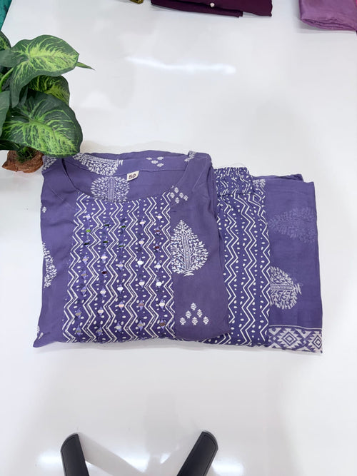 Plus Size Rayon Umbrella Kurta Set | 3-Piece Printed Kurti with Cotton Dupatta & Palazzo Pants | Lavender Purple