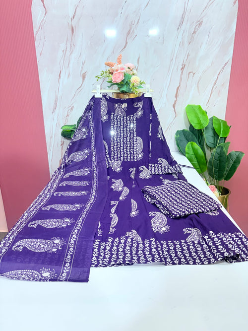 Plus Size Rayon Umbrella Kurta Set | 3-Piece Printed Kurti with Cotton Dupatta & Palazzo Pants | Purple