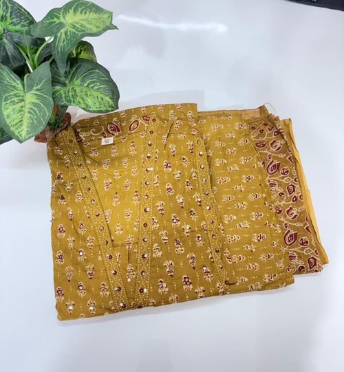 Plus Size Cotton A-Line Kurta Set | 3-Piece Printed Kurti with Dupatta & Straight Pant | Mustard Yellow