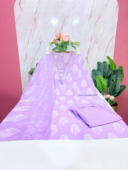 Plus Size 60s Cotton Straight Cut Kurti Set with Cotton Dupatta – Lavender