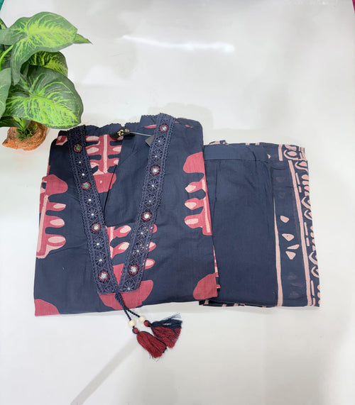 Plus Size Cotton A-Line Kurti Set with Cotton Dupatta – Navy Blue