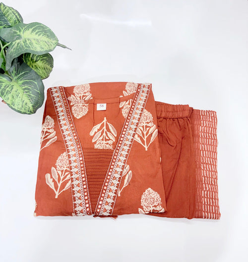 Plus Size 60s Cotton Straight Cut Kurti Set with Cotton Dupatta – Rust Orange