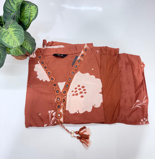 Plus Size Cotton Straight Cut Kurti Set with Cotton Dupatta – Rust Brown Floral