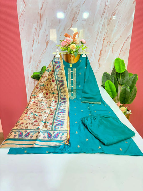 Rama Blue Vichitra Silk Plus Size Straight Cut Suit Set