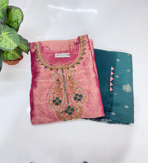 Peach Double Tone Plus Size Straight Cut Suit Set with Banarasi Dupatta