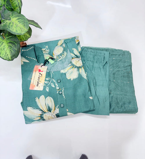 Sea Green Floral Print Rayon Plus Size Suit Set