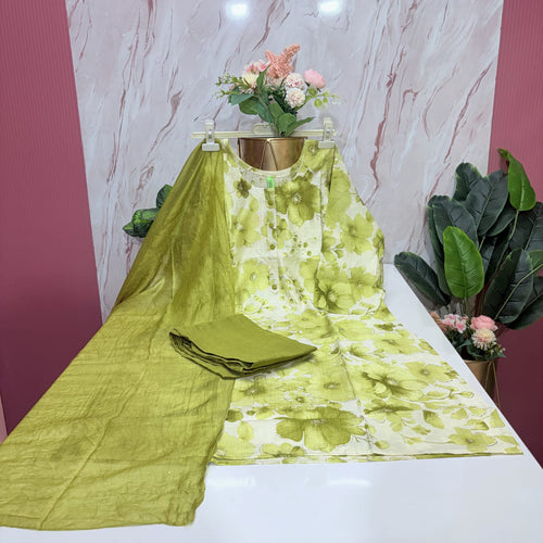 Olive Green Floral Print Rayon Plus Size Suit Set