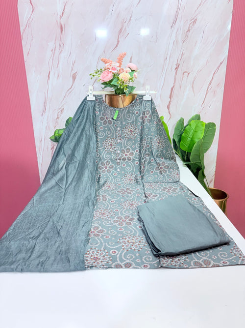 Grey Floral Print Rayon Plus Size Suit Set