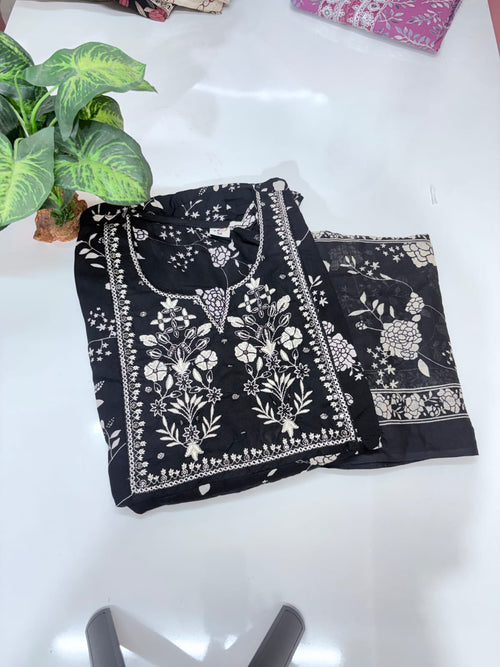 Black Rayon Floral Print Plus Size Umbrella Kurti with Dupatta
