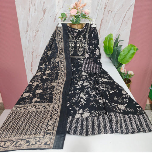 Black Rayon Floral Print Plus Size Umbrella Kurti with Dupatta