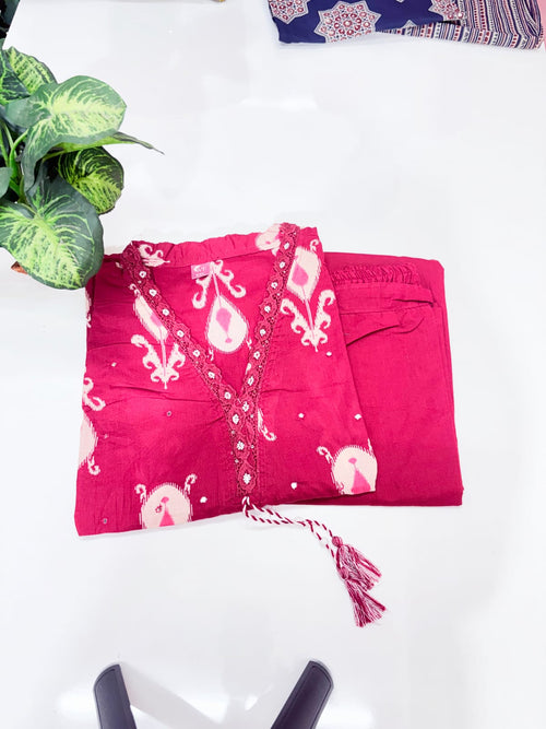 Plus Size 60s Cotton Straight Cut Kurti Set with Cotton Dupatta – Maroon