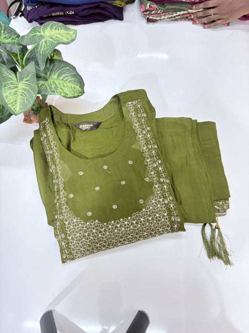 Plus Size Mul Chanderi A-Line Umbrella Kurti Set with Embroidered Dupatta | 3-Piece Ethnic Wear - Bottle Green